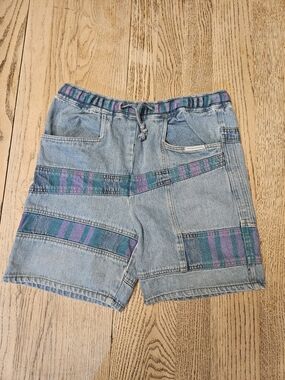 Vintage Womens Ocean Pacific Light Wash Denim Shorts Teal and Purple Trim LARGE